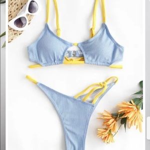 ZAFUL Ribbed Contrast Strap Cut Out Thong Bikini Swimwear - Light Blue S